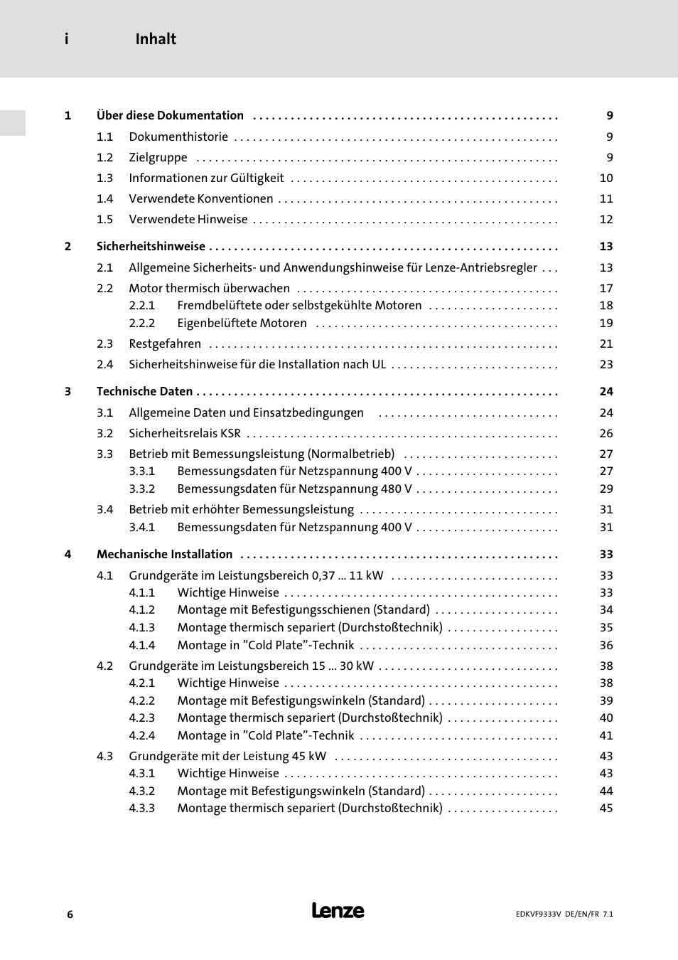 Inhalt, Inhalt i | Lenze EVF9333 User Manual | Page 6 / 324