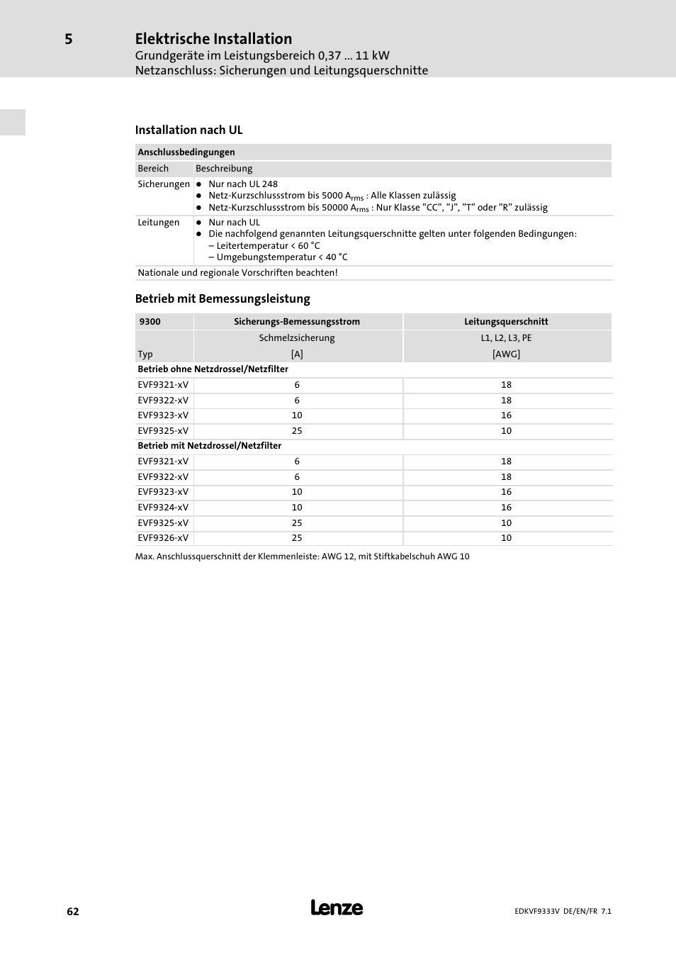 Elektrische installation | Lenze EVF9333 User Manual | Page 62 / 324