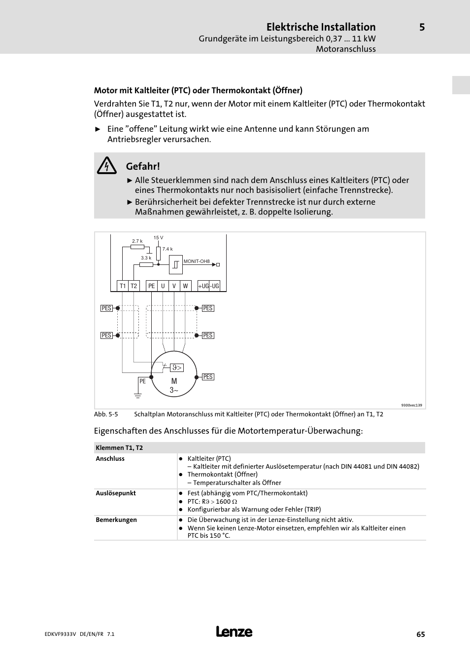 Elektrische installation, Gefahr | Lenze EVF9333 User Manual | Page 65 / 324