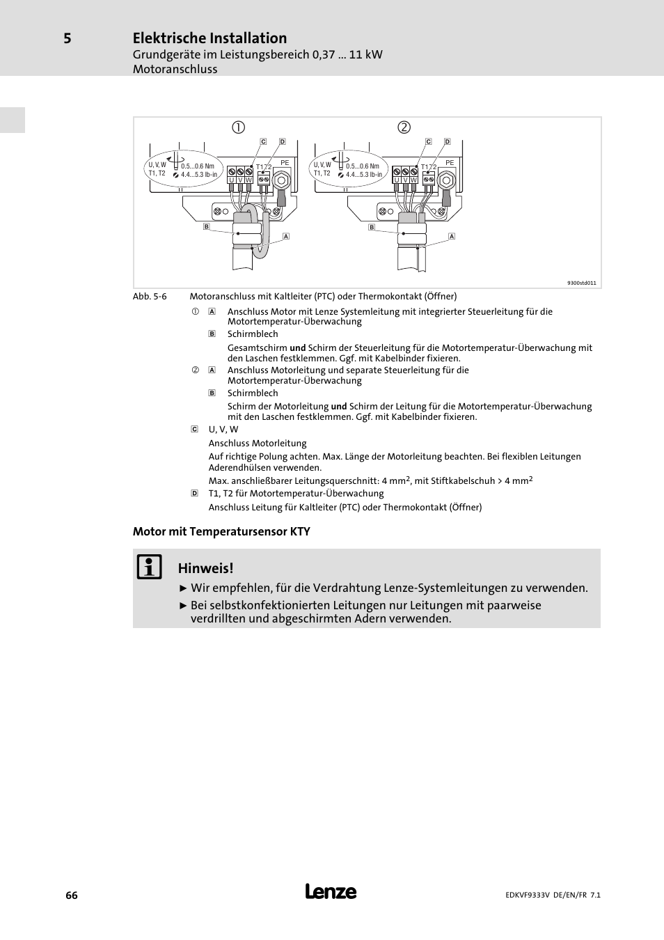 Elektrische installation, Hinweis | Lenze EVF9333 User Manual | Page 66 / 324