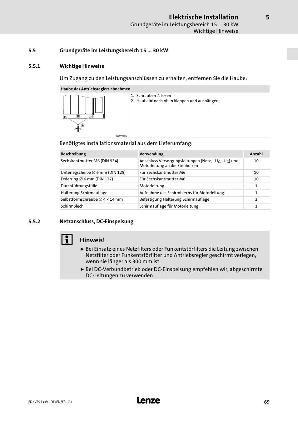 Grundgeräte im leistungsbereich 15 kw, Wichtige hinweise, Netzanschluss, dc-einspeisung | Netzanschluss, dc−einspeisung, Elektrische installation, Hinweis | Lenze EVF9333 User Manual | Page 69 / 324