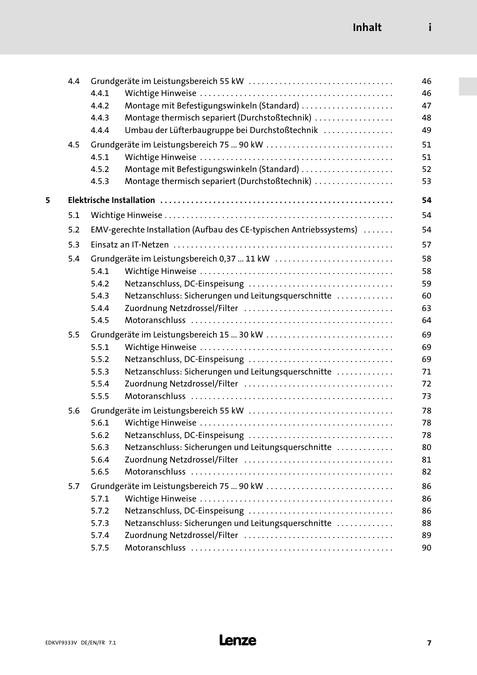 Inhalt i | Lenze EVF9333 User Manual | Page 7 / 324