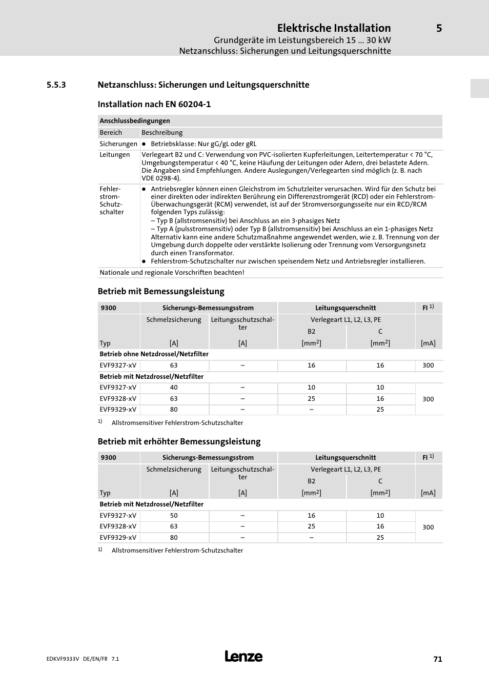 Elektrische installation, Betrieb mit bemessungsleistung, Betrieb mit erhöhter bemessungsleistung | Lenze EVF9333 User Manual | Page 71 / 324