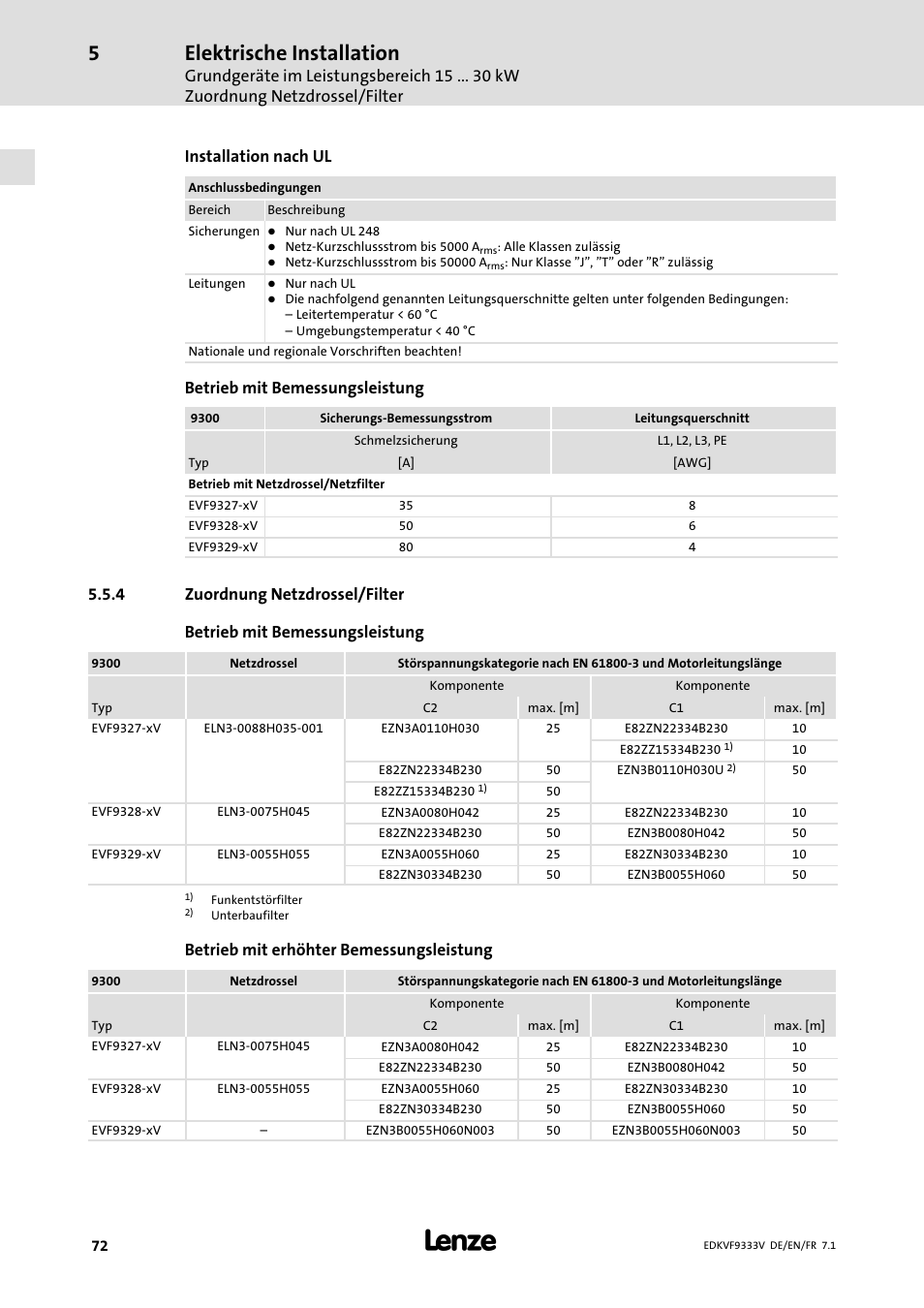 Zuordnung netzdrossel/filter, Elektrische installation, Installation nach ul | Betrieb mit bemessungsleistung, Betrieb mit erhöhter bemessungsleistung | Lenze EVF9333 User Manual | Page 72 / 324