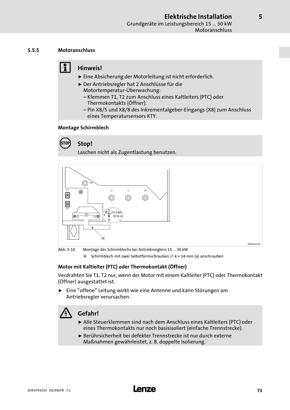 Motoranschluss, Elektrische installation, Hinweis | Stop, Gefahr | Lenze EVF9333 User Manual | Page 73 / 324