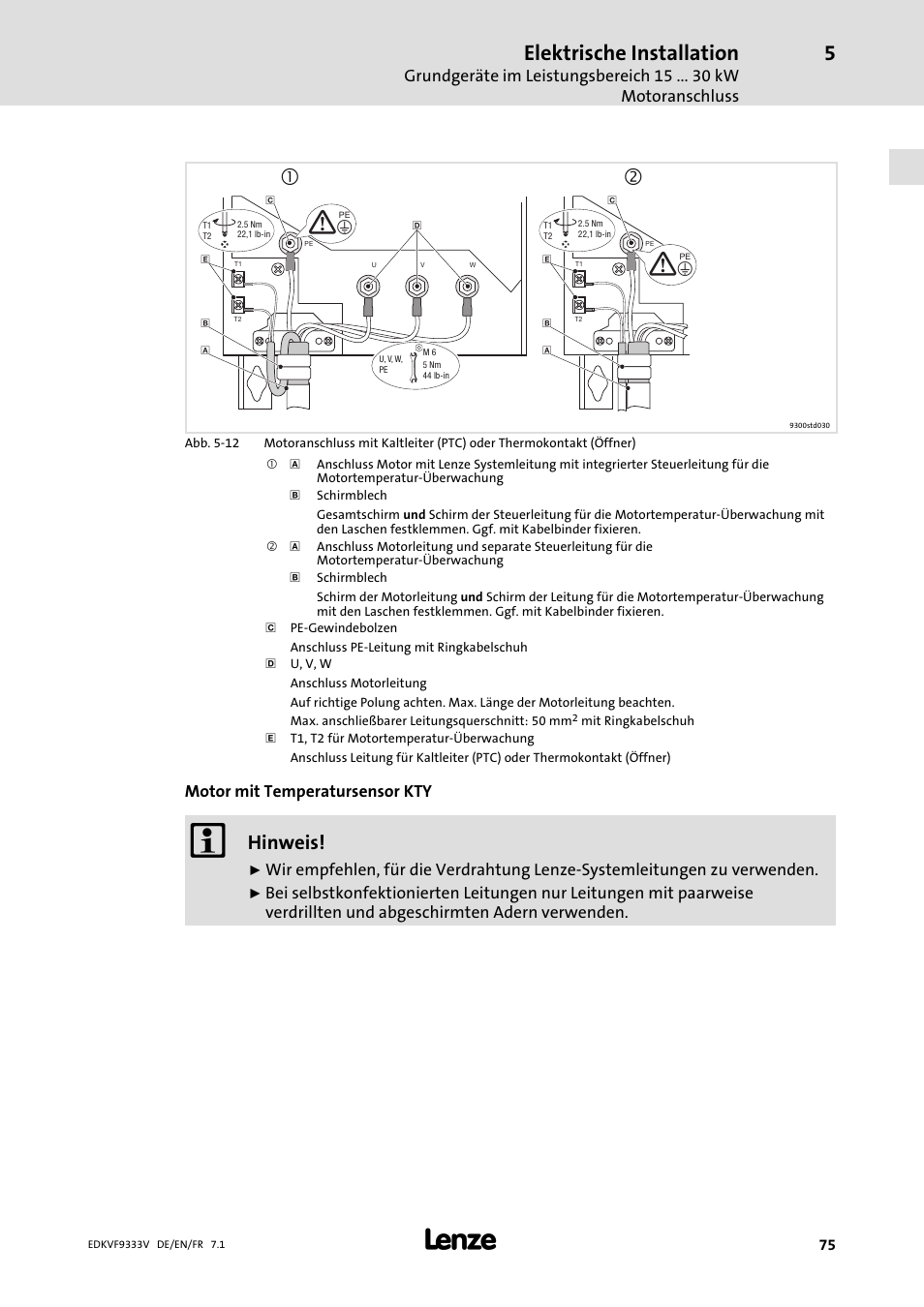 Elektrische installation, Hinweis | Lenze EVF9333 User Manual | Page 75 / 324