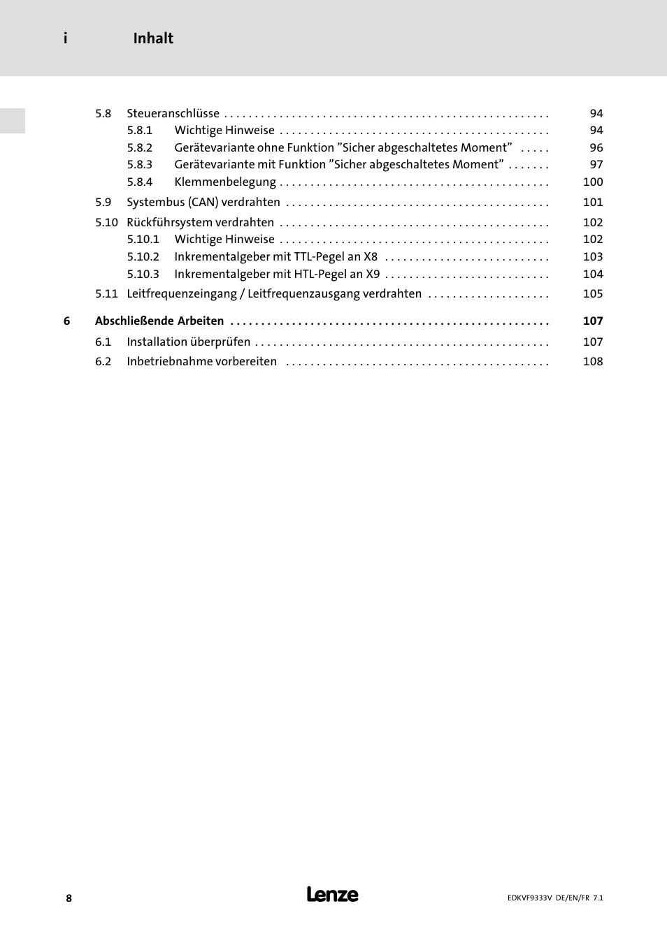 Inhalt i | Lenze EVF9333 User Manual | Page 8 / 324