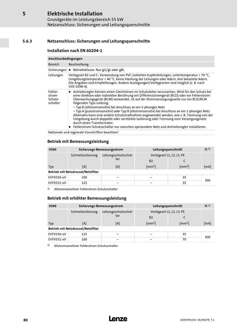 Elektrische installation, Betrieb mit bemessungsleistung, Betrieb mit erhöhter bemessungsleistung | Lenze EVF9333 User Manual | Page 80 / 324