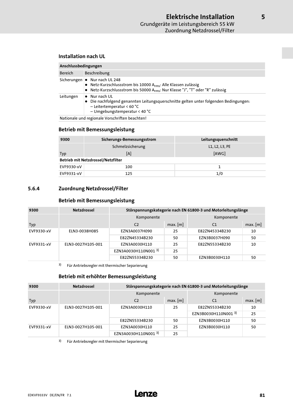 Zuordnung netzdrossel/filter, Elektrische installation, Installation nach ul | Betrieb mit bemessungsleistung, Betrieb mit erhöhter bemessungsleistung | Lenze EVF9333 User Manual | Page 81 / 324