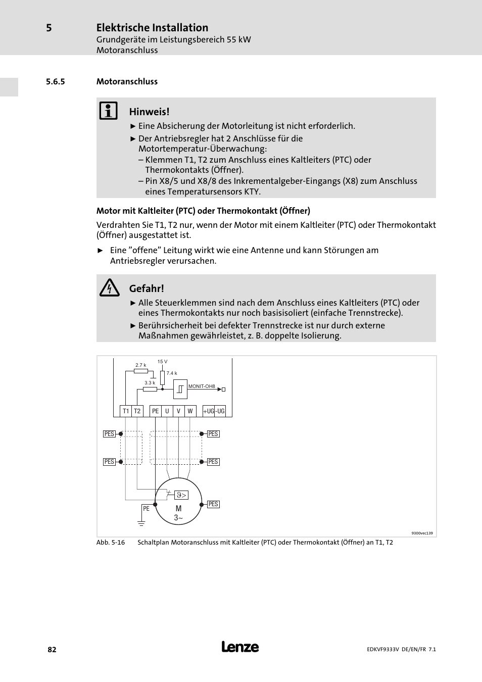 Motoranschluss, Elektrische installation, Hinweis | Gefahr | Lenze EVF9333 User Manual | Page 82 / 324