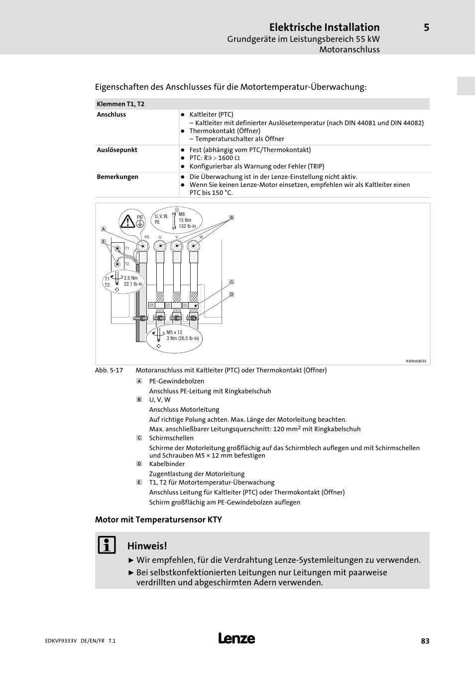 Elektrische installation, Hinweis | Lenze EVF9333 User Manual | Page 83 / 324