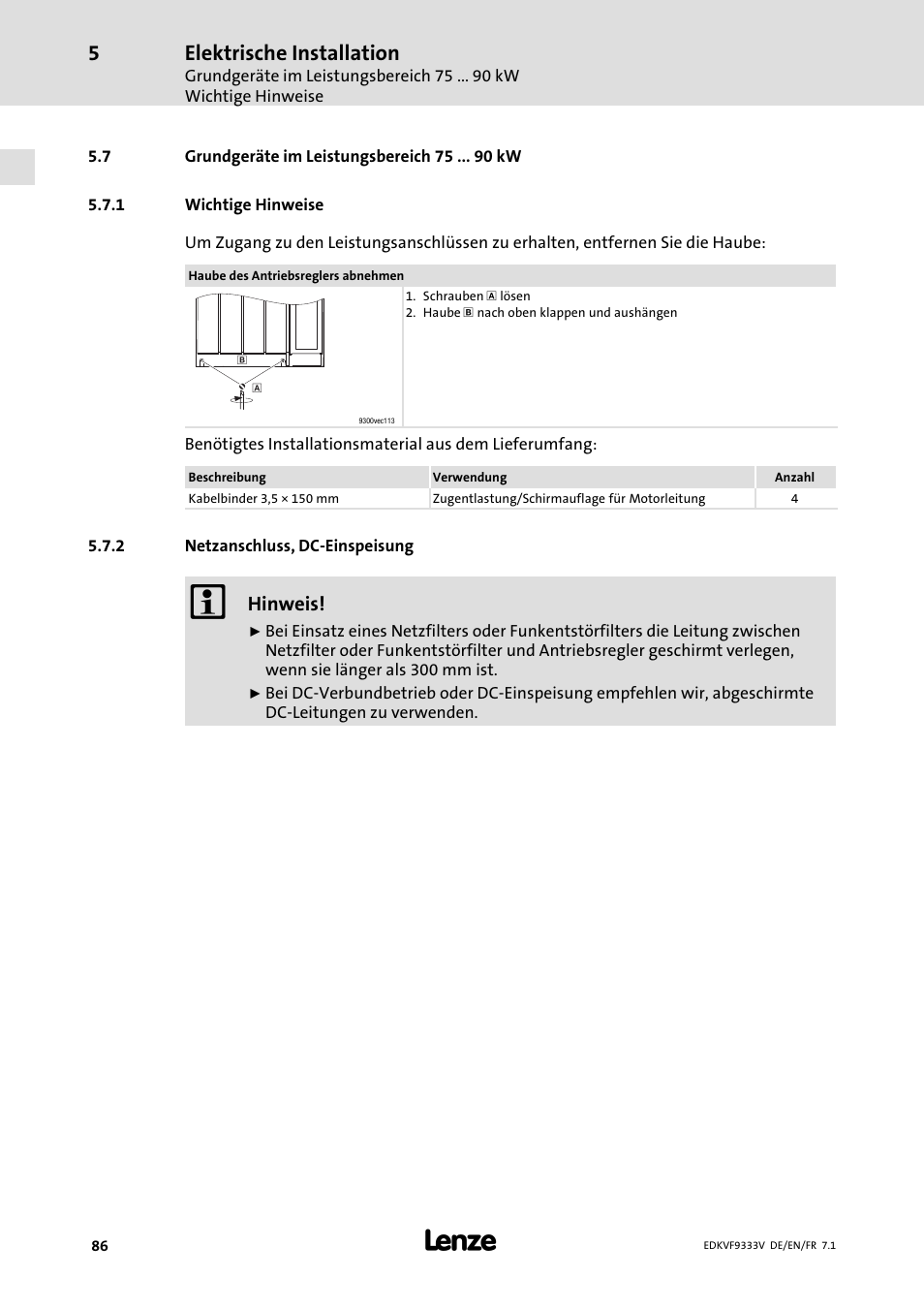 Grundgeräte im leistungsbereich 75 kw, Wichtige hinweise, Netzanschluss, dc-einspeisung | Netzanschluss, dc−einspeisung, Elektrische installation | Lenze EVF9333 User Manual | Page 86 / 324