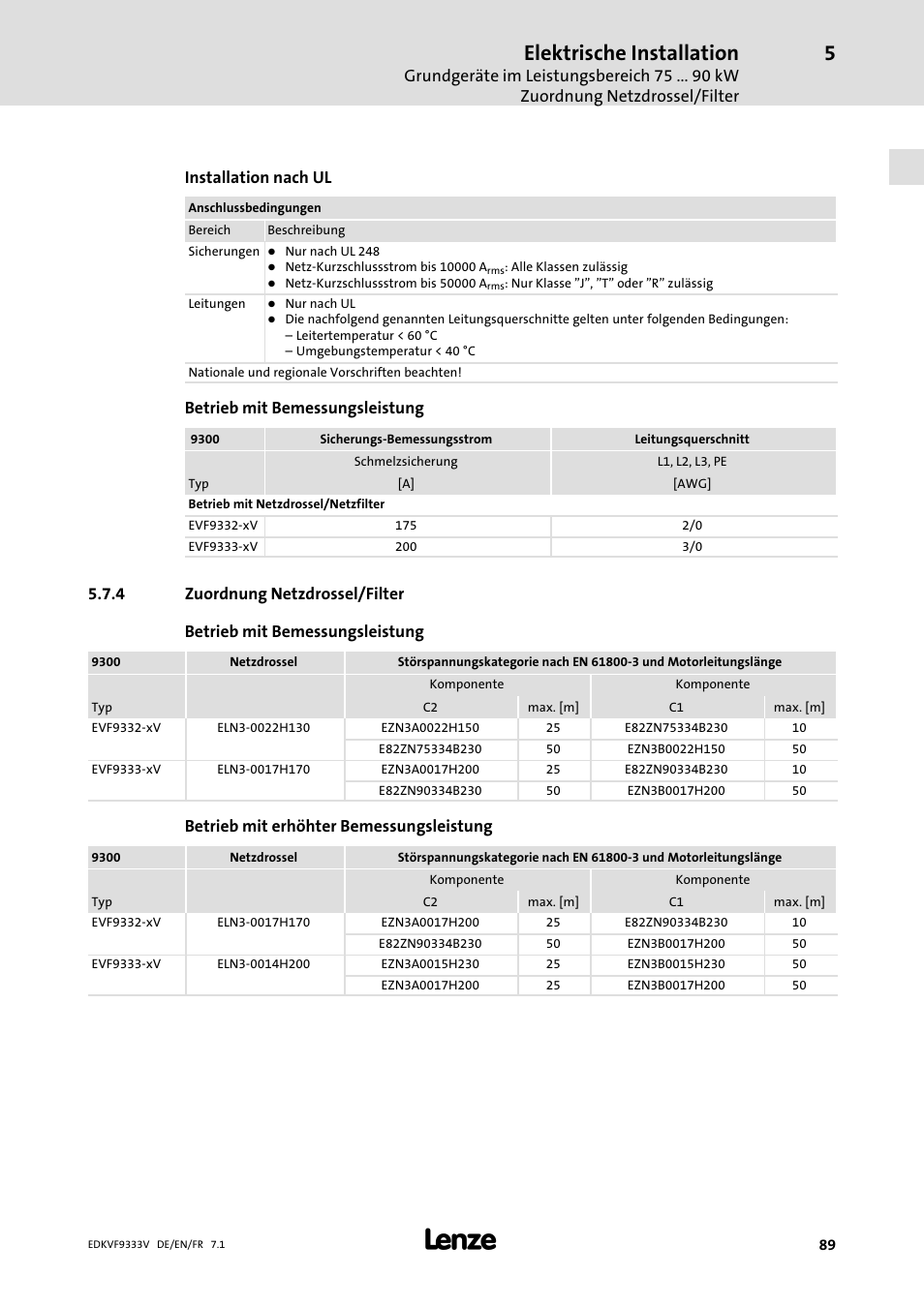 Zuordnung netzdrossel/filter, Elektrische installation | Lenze EVF9333 User Manual | Page 89 / 324