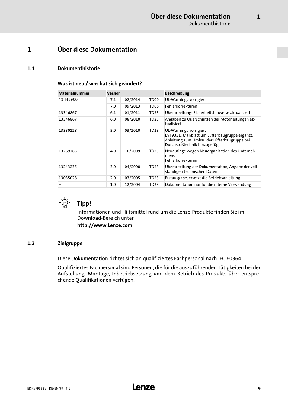 Über diese dokumentation, Dokumenthistorie, Zielgruppe | 1über diese dokumentation, Tipp | Lenze EVF9333 User Manual | Page 9 / 324