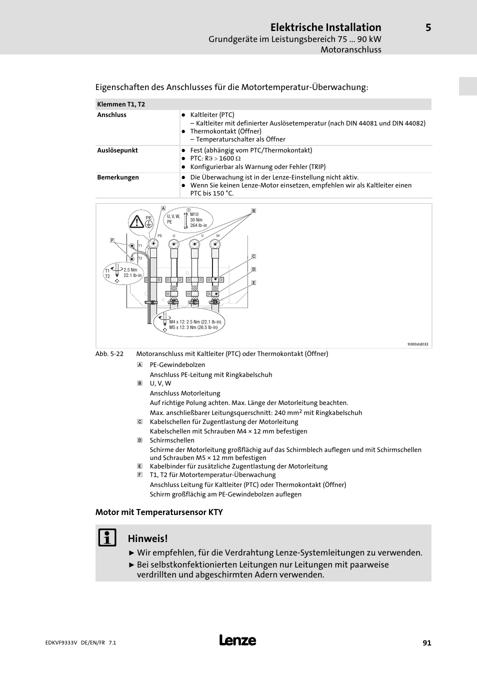 Elektrische installation, Hinweis, Motor mit temperatursensor kty | Lenze EVF9333 User Manual | Page 91 / 324