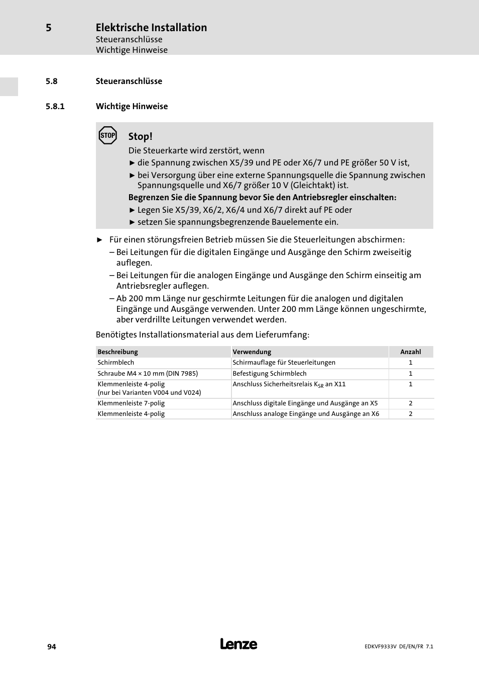 Steueranschlüsse, Wichtige hinweise, Elektrische installation | Stop | Lenze EVF9333 User Manual | Page 94 / 324