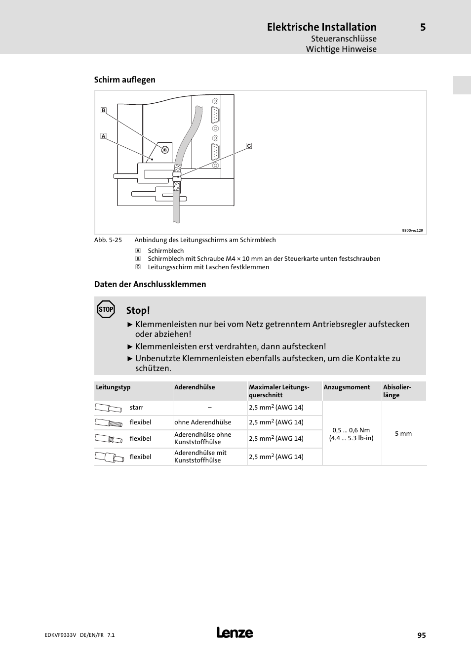 Elektrische installation, Stop | Lenze EVF9333 User Manual | Page 95 / 324