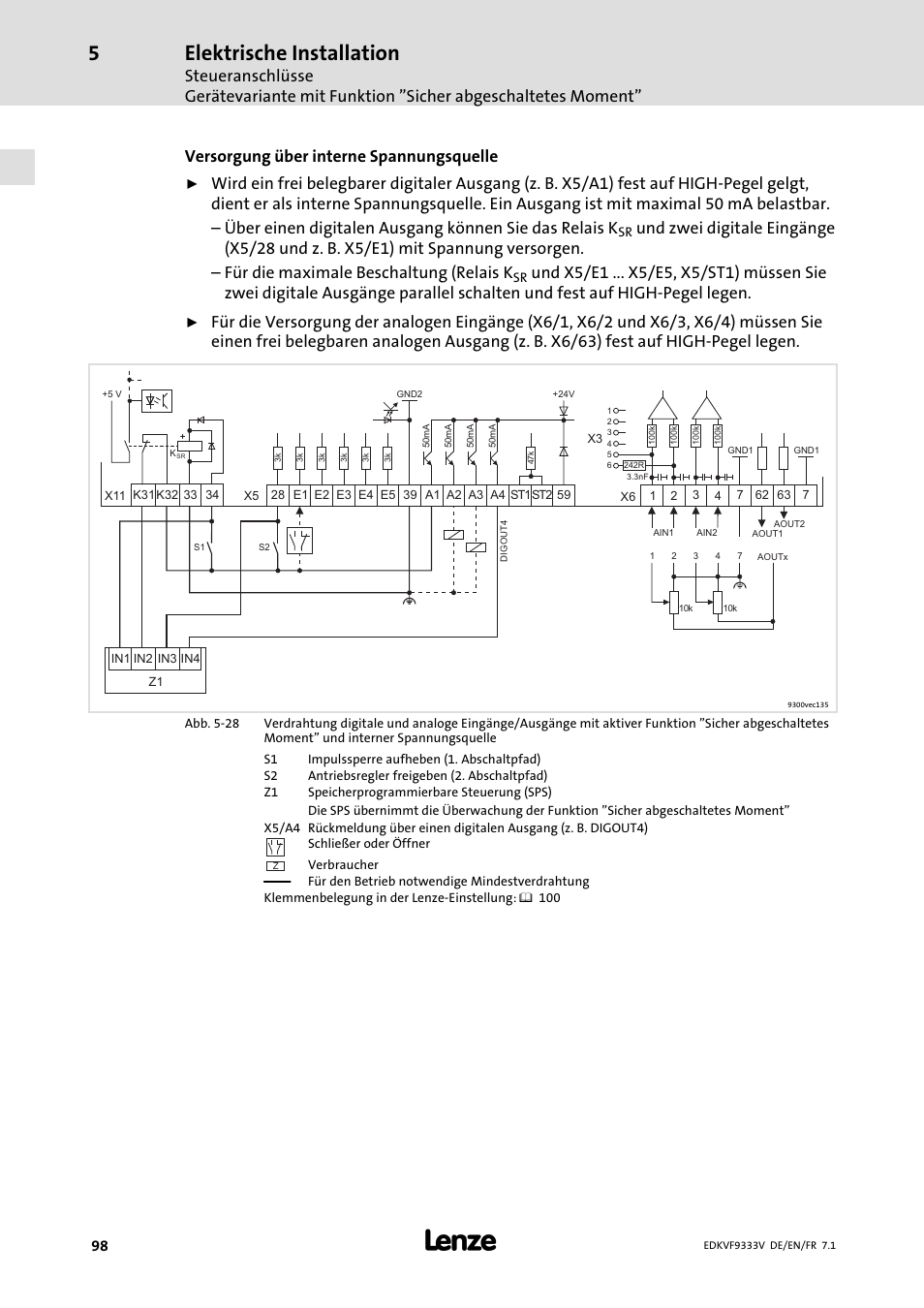 Elektrische installation, Versorgung über interne spannungsquelle | Lenze EVF9333 User Manual | Page 98 / 324