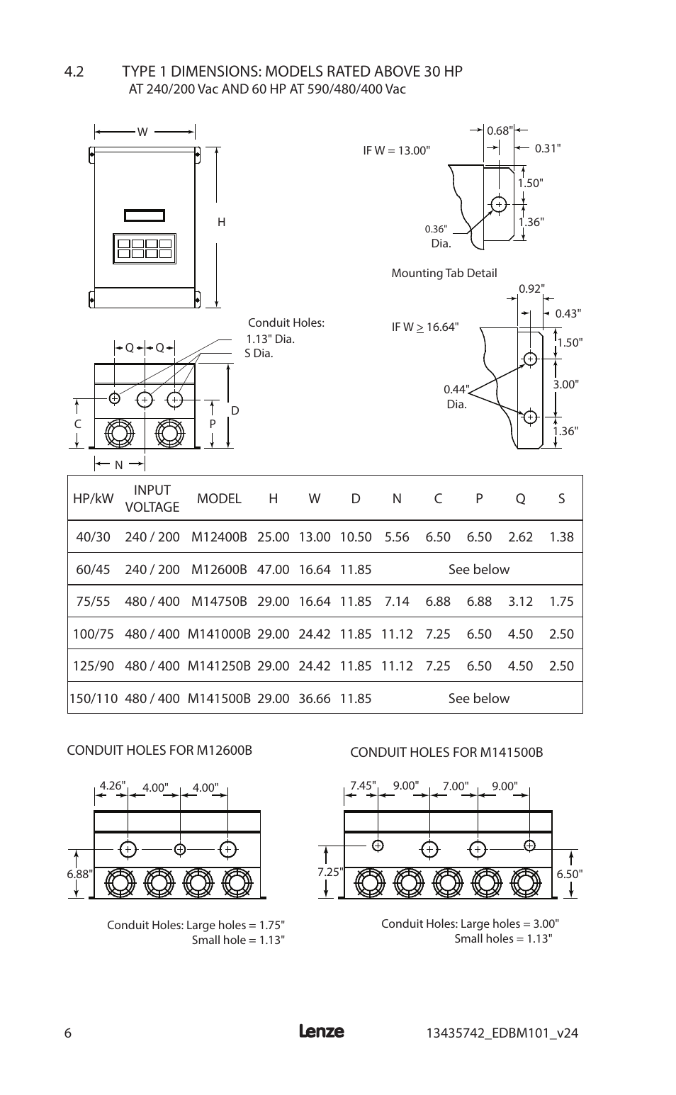 2 type 1 dimensions: models rated above 30 hp | Lenze MC1000 Series User Manual | Page 10 / 84