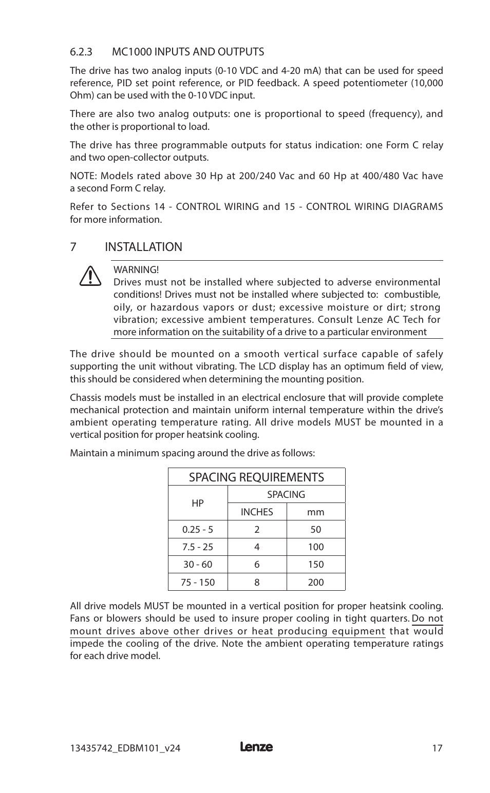 7 installation, Spacing requirements | Lenze MC1000 Series User Manual | Page 21 / 84