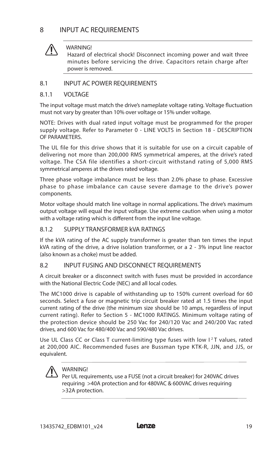 8input ac requirements | Lenze MC1000 Series User Manual | Page 23 / 84
