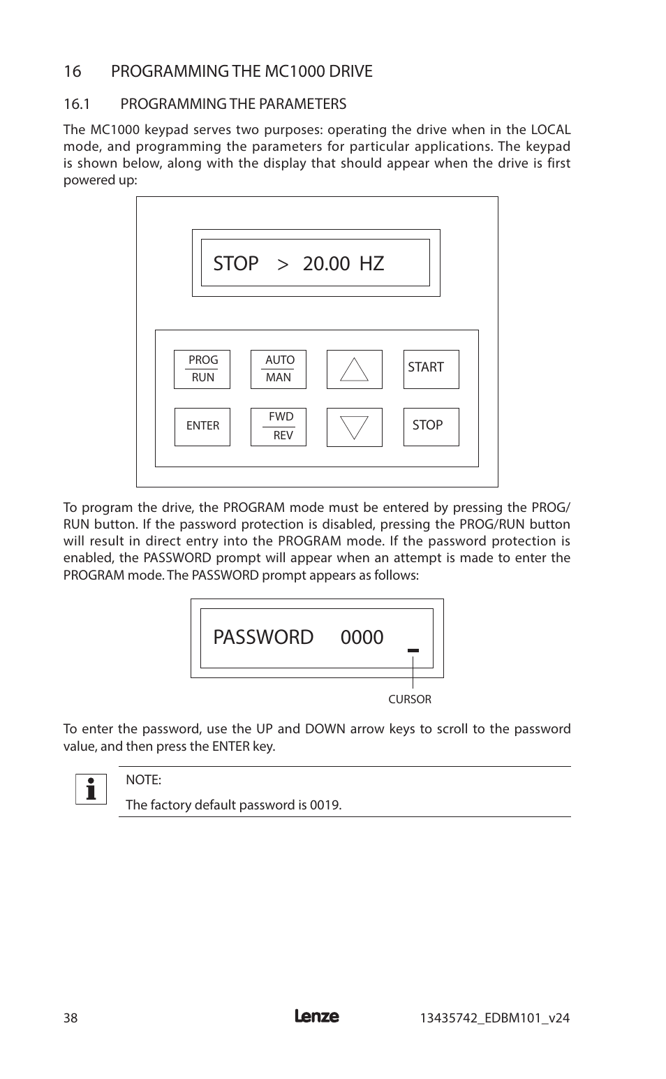 Stop > 20.00 hz, Password 0000 | Lenze MC1000 Series User Manual | Page 42 / 84