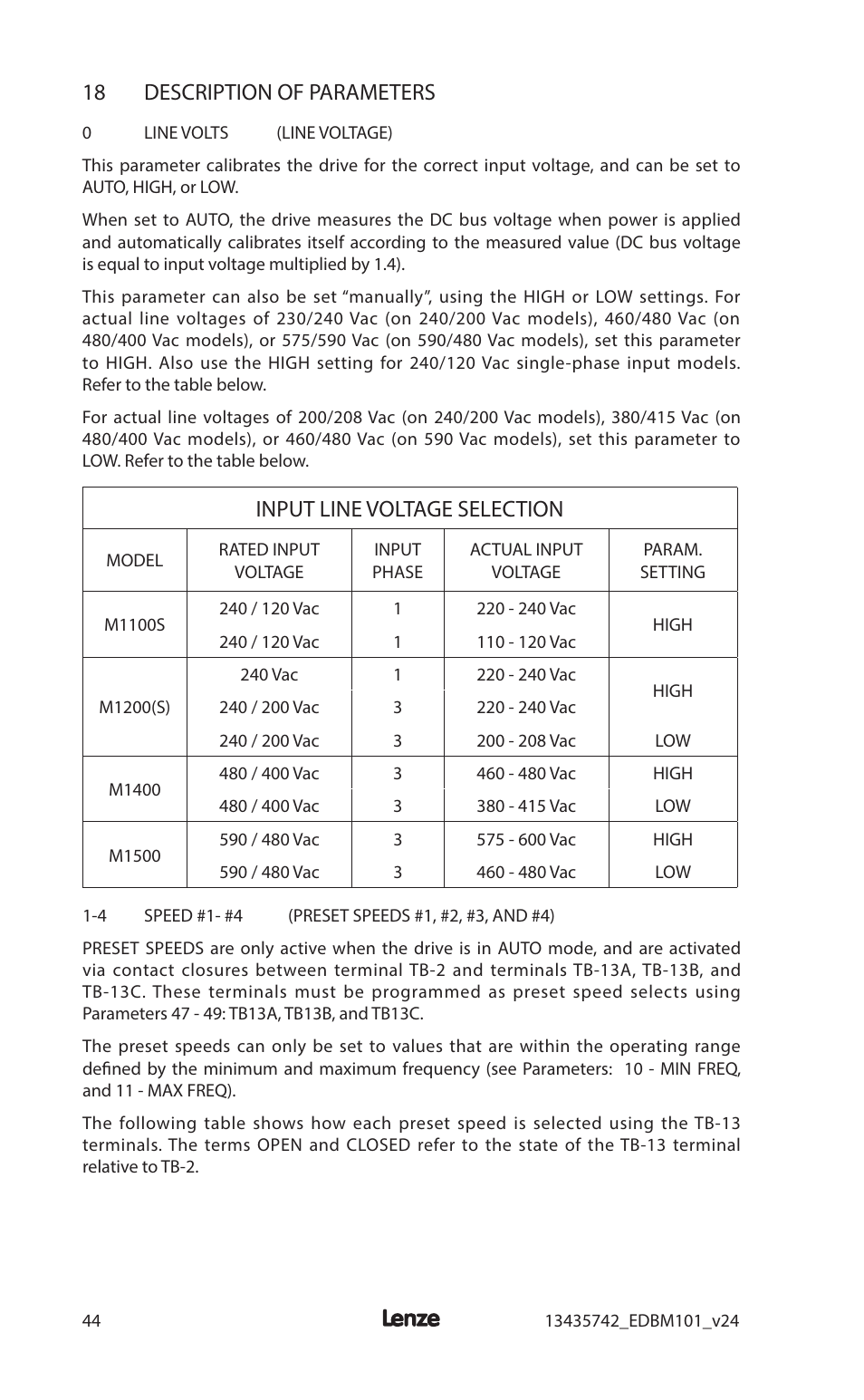 18 description of parameters, Input line voltage selection | Lenze MC1000 Series User Manual | Page 48 / 84