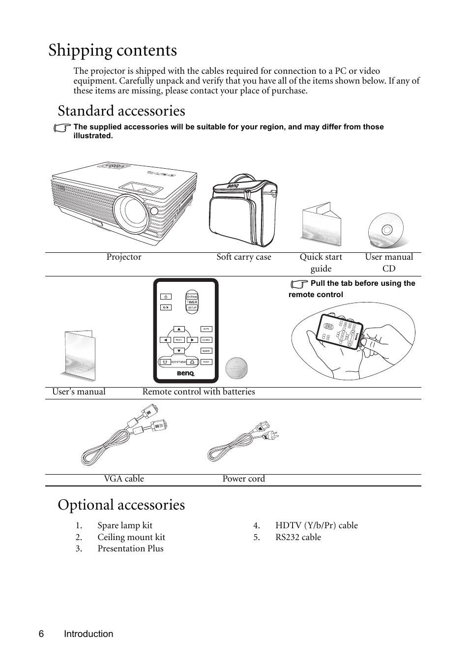 Shipping contents, Standard accessories, Optional accessories | BenQ MP611 User Manual | Page 10 / 60