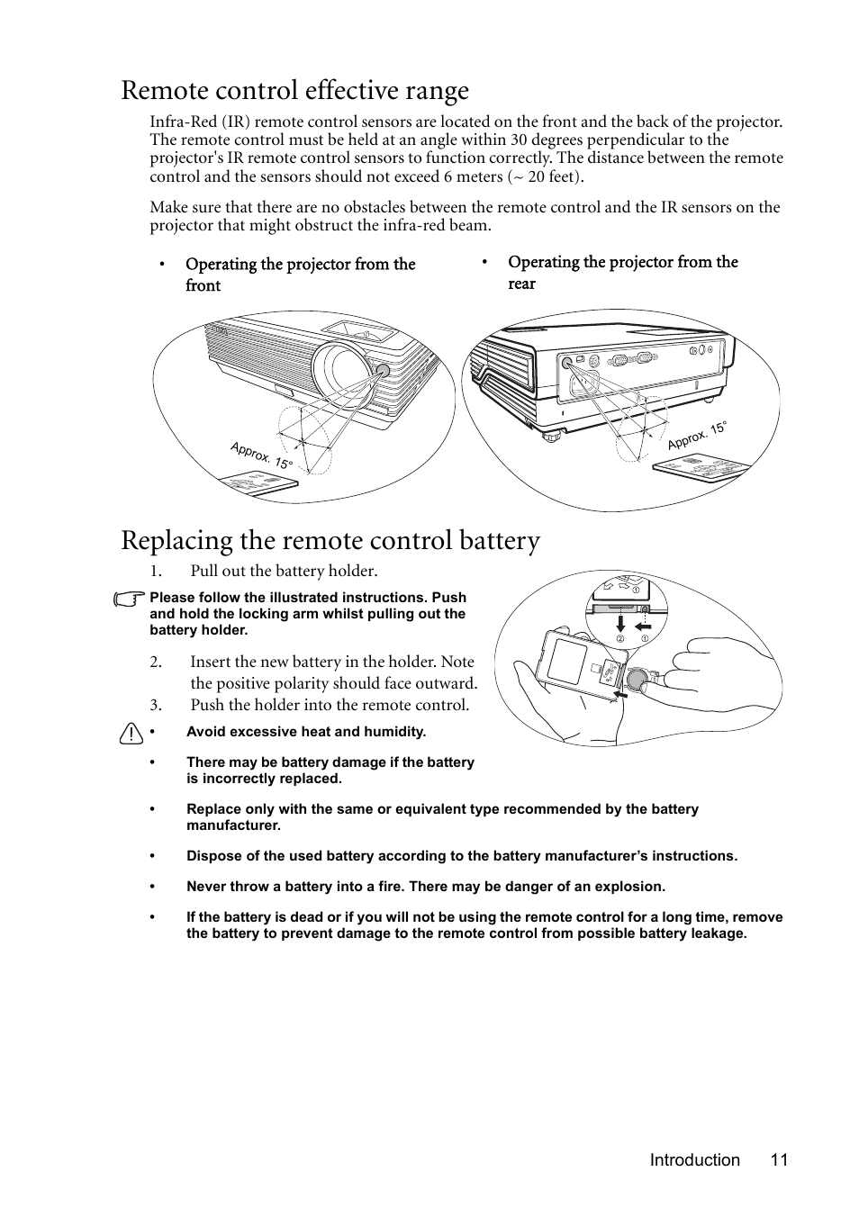 Remote control effective range, Replacing the remote control battery | BenQ MP611 User Manual | Page 15 / 60