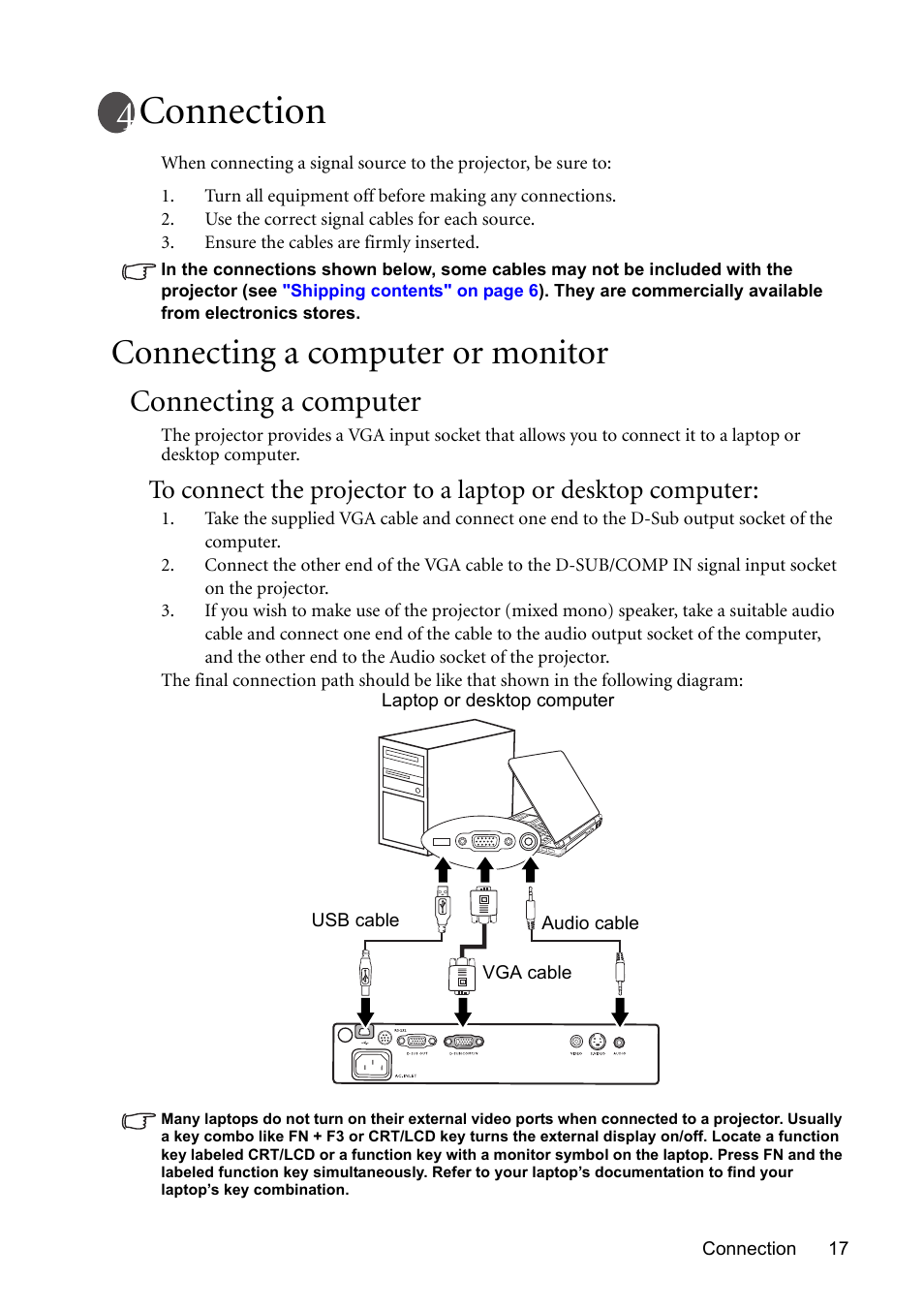 Connection, Connecting a computer or monitor, Connecting a computer | BenQ MP611 User Manual | Page 21 / 60