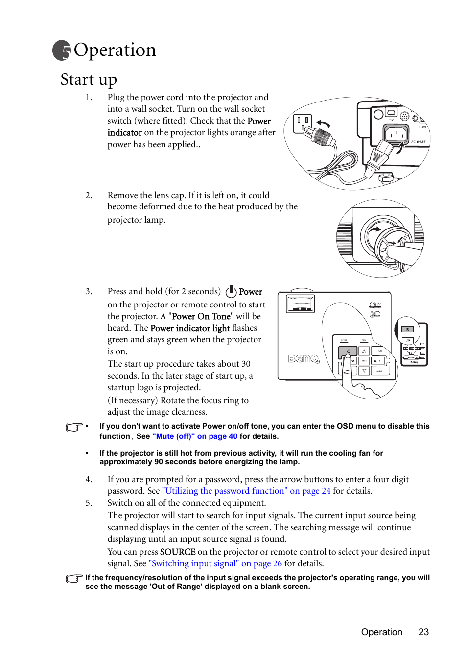 Operation, Start up | BenQ MP611 User Manual | Page 27 / 60