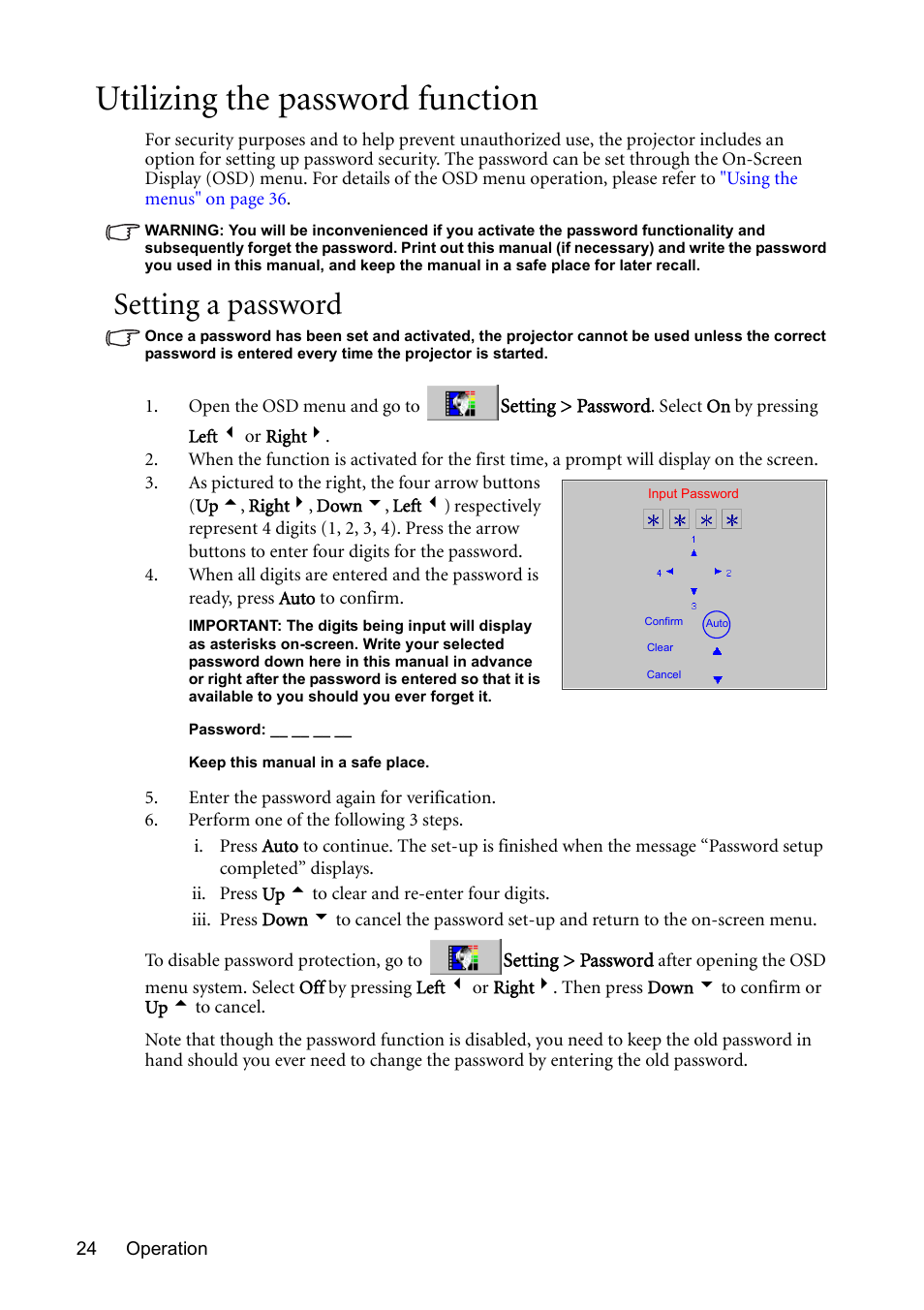 Utilizing the password function, Setting a password | BenQ MP611 User Manual | Page 28 / 60