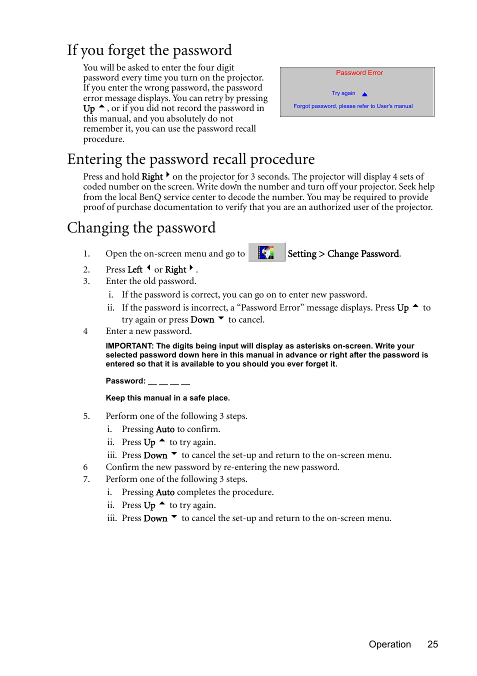 If you forget the password, Entering the password recall procedure, Changing the password | BenQ MP611 User Manual | Page 29 / 60
