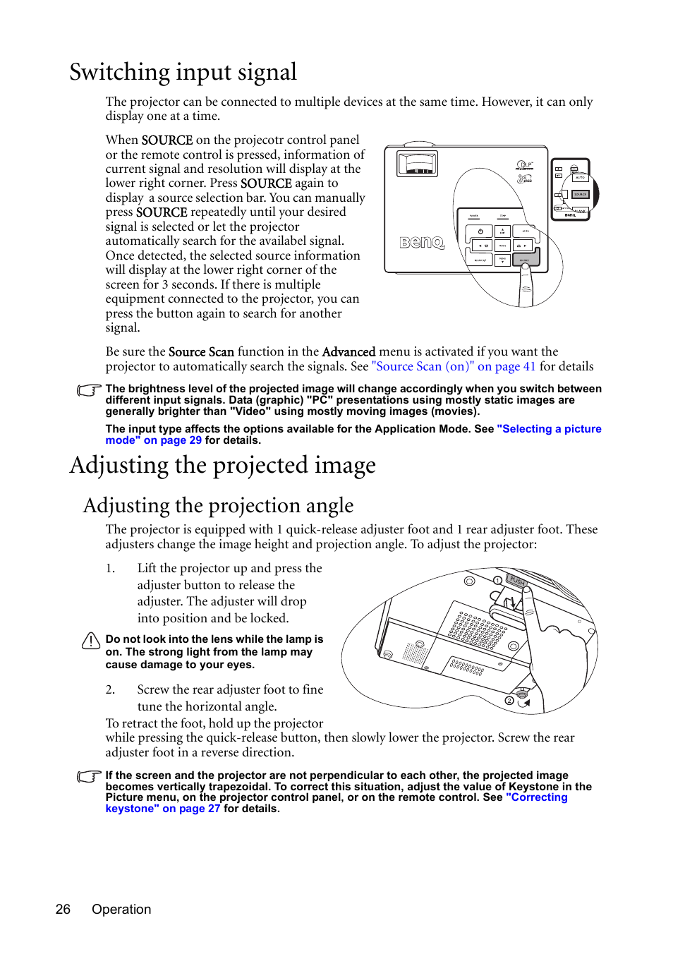 Switching input signal, Adjusting the projected image, Adjusting the projection angle | BenQ MP611 User Manual | Page 30 / 60