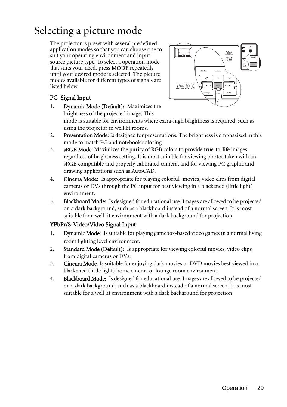 Selecting a picture mode, Selecting a picture | BenQ MP611 User Manual | Page 33 / 60