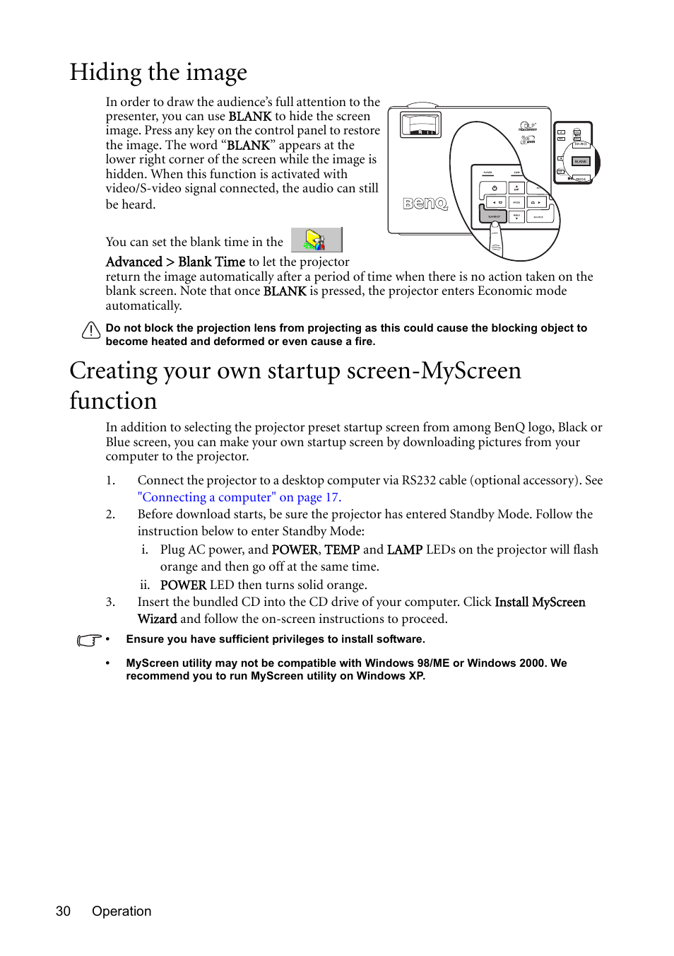 Hiding the image, Creating your own startup screen-myscreen function, Hiding the image" on | BenQ MP611 User Manual | Page 34 / 60