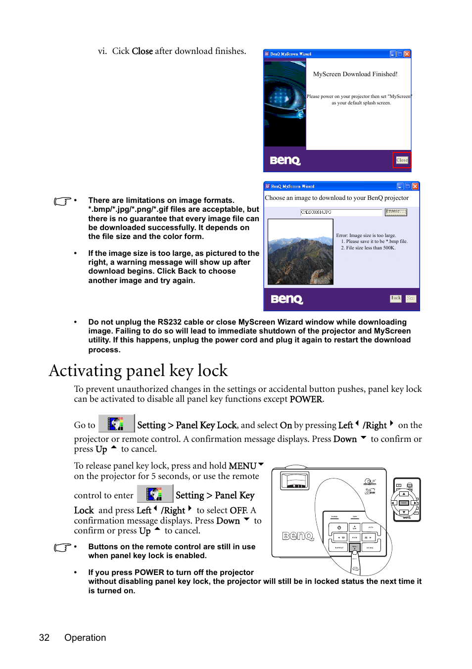 Activating panel key lock, Setting > panel key lock | BenQ MP611 User Manual | Page 36 / 60