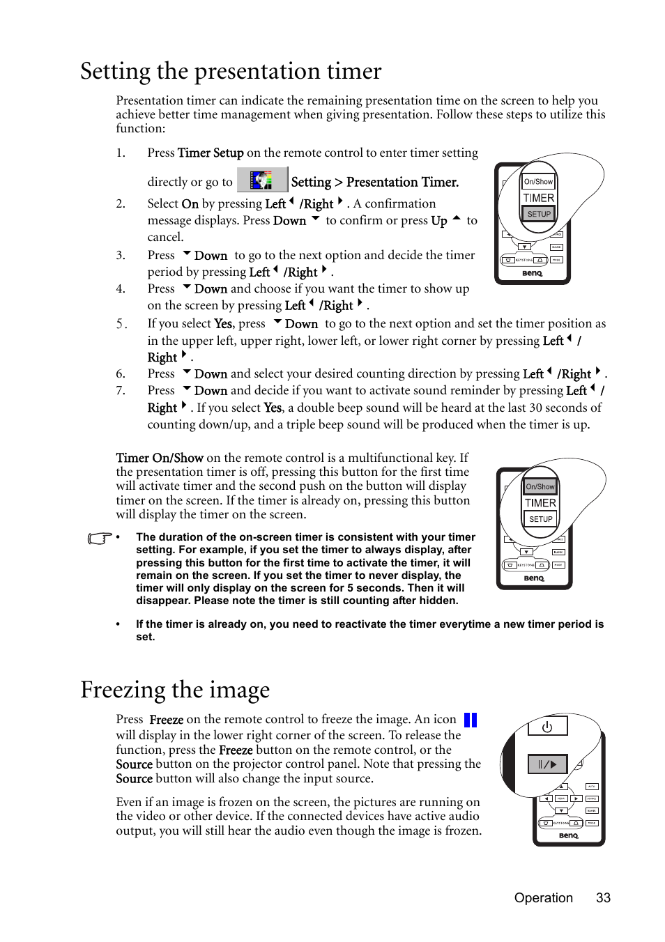 Setting the presentation timer, Freezing the image, Setting the presentation timer freezing the image | Setting the | BenQ MP611 User Manual | Page 37 / 60