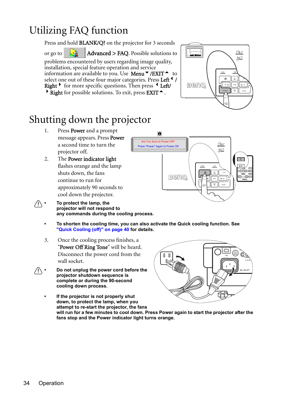 Utilizing faq function, Shutting down the projector, Utilizing faq function shutting down the projector | Shutting down the projector" on, Utilizing faq function" on | BenQ MP611 User Manual | Page 38 / 60