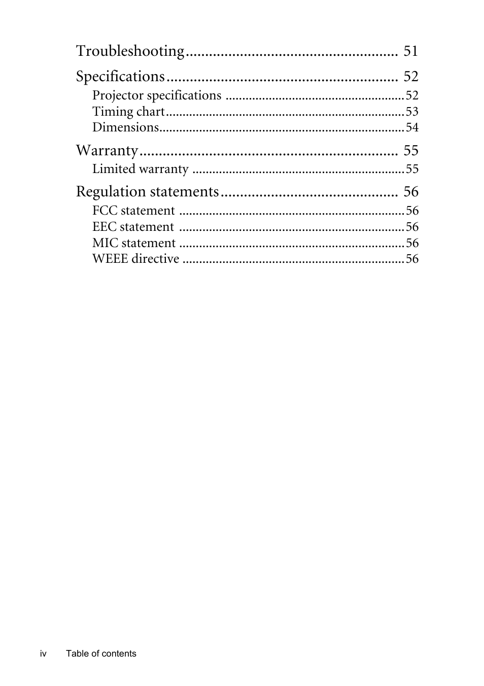 Troubleshooting specifications, Warranty, Regulation statements | BenQ MP611 User Manual | Page 4 / 60