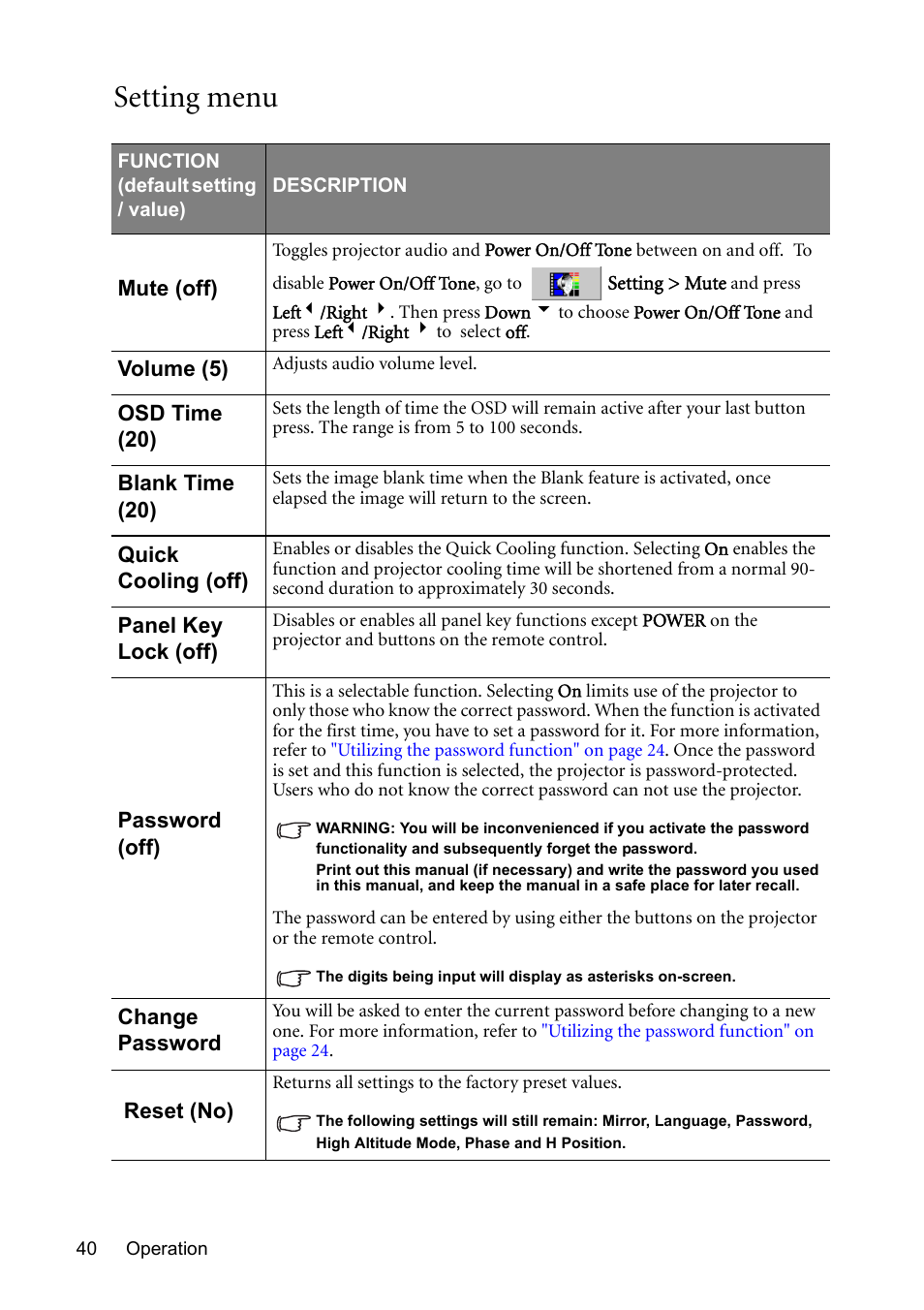 Setting menu | BenQ MP611 User Manual | Page 44 / 60