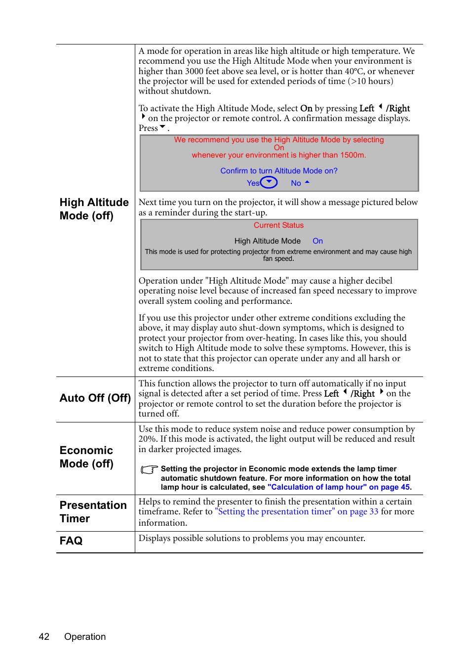 High altitude mode (off), Auto off (off), Economic mode (off) | Presentation timer | BenQ MP611 User Manual | Page 46 / 60