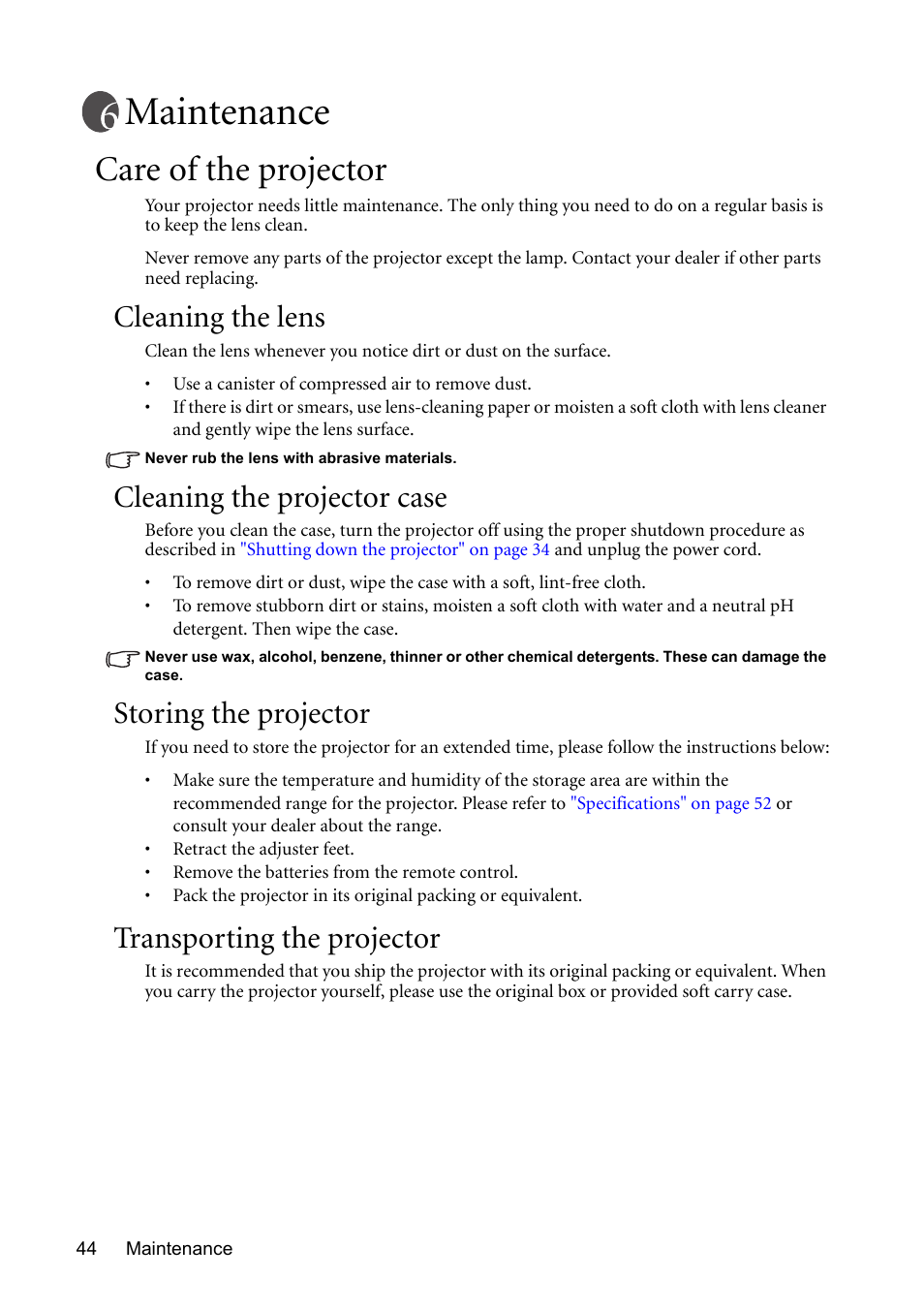 Maintenance, Care of the projector, Cleaning the lens | Cleaning the projector case, Storing the projector, Transporting the projector | BenQ MP611 User Manual | Page 48 / 60