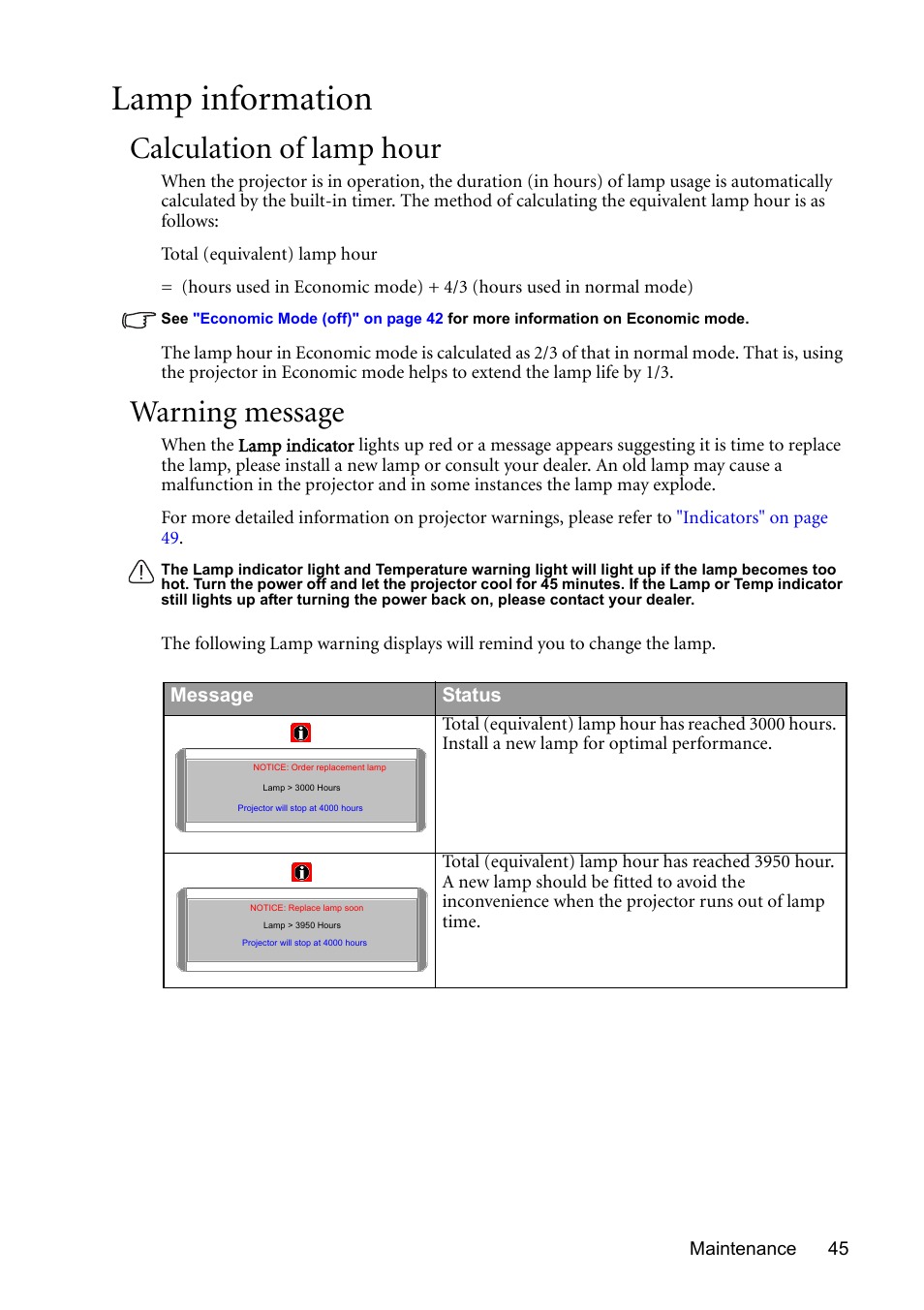 Lamp information, Calculation of lamp hour, Warning message | BenQ MP611 User Manual | Page 49 / 60