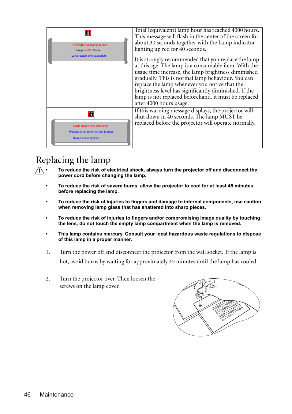 Replacing the lamp, Maintenance 46 | BenQ MP611 User Manual | Page 50 / 60