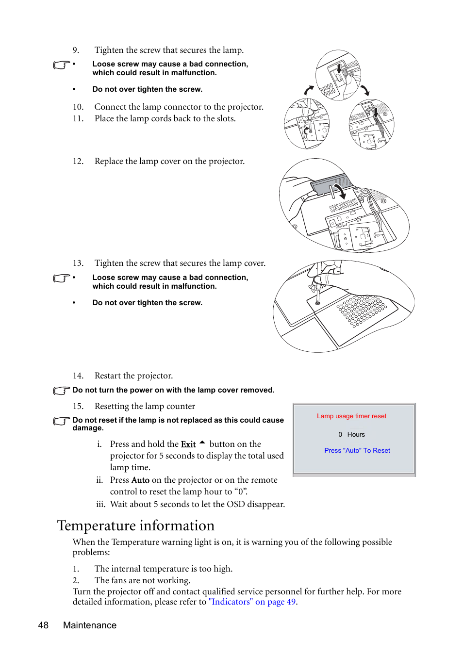 Temperature information | BenQ MP611 User Manual | Page 52 / 60