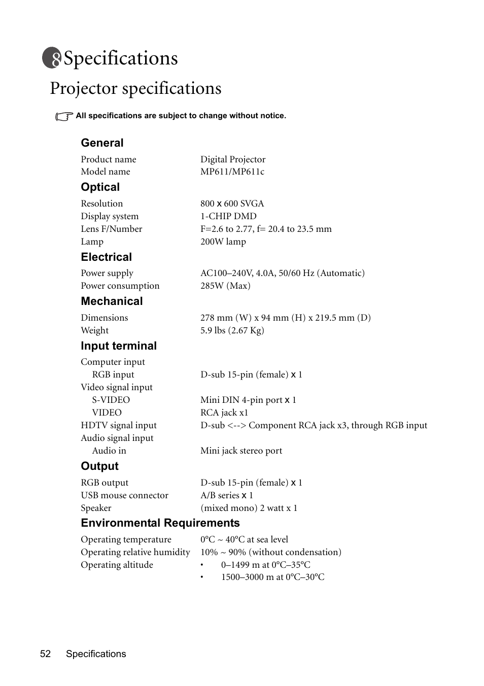 Specifications, Projector specifications | BenQ MP611 User Manual | Page 56 / 60