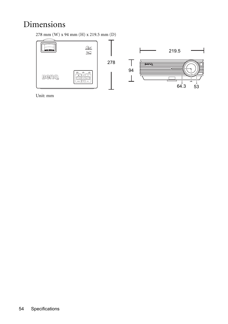 Dimensions | BenQ MP611 User Manual | Page 58 / 60