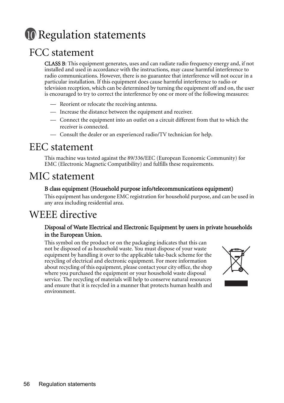 Regulation statements, Fcc statement, Eec statement | Mic statement, Weee directive | BenQ MP611 User Manual | Page 60 / 60