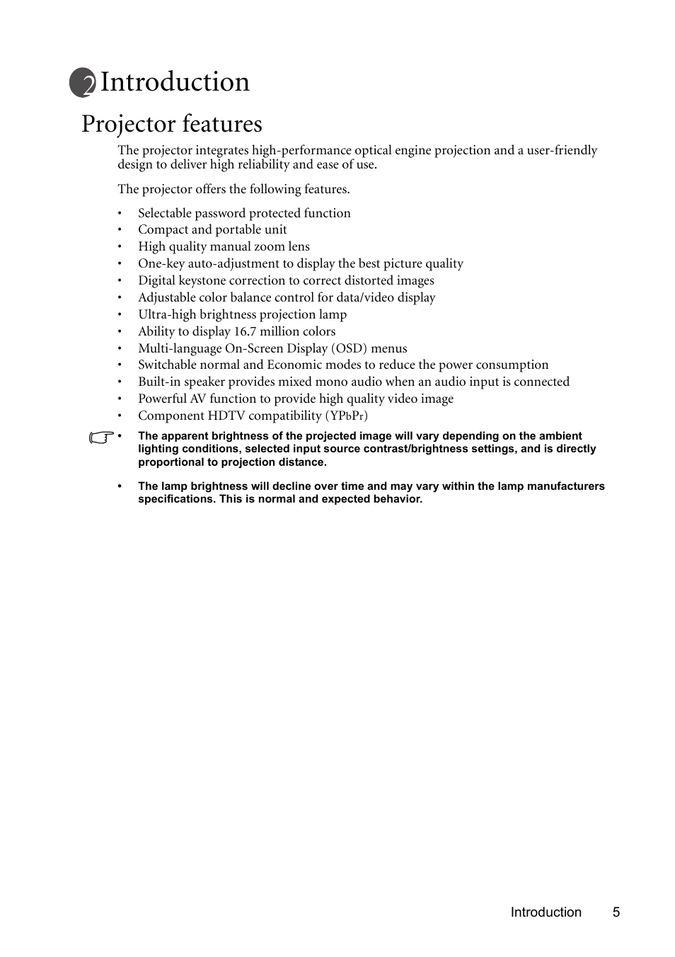 Introduction, Projector features | BenQ MP611 User Manual | Page 9 / 60